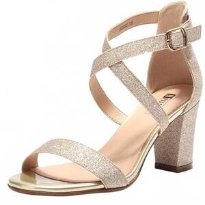 NEW IDIFU women's grace block heel cross strap sandals in gold glitter